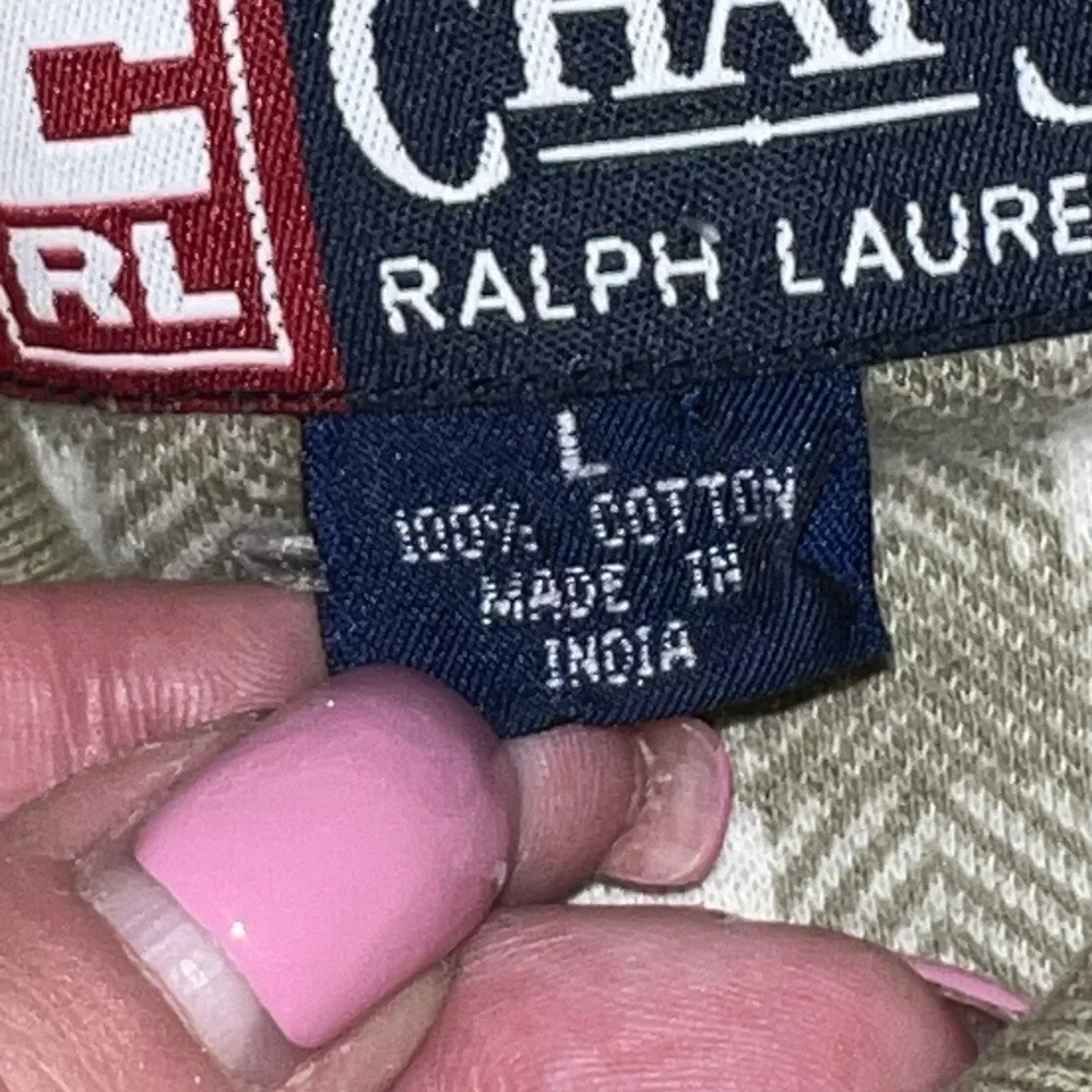 Vintage Chaps By Ralph Lauren Men's Green Gingham‎ Long Sleeve Polo Shirt Large